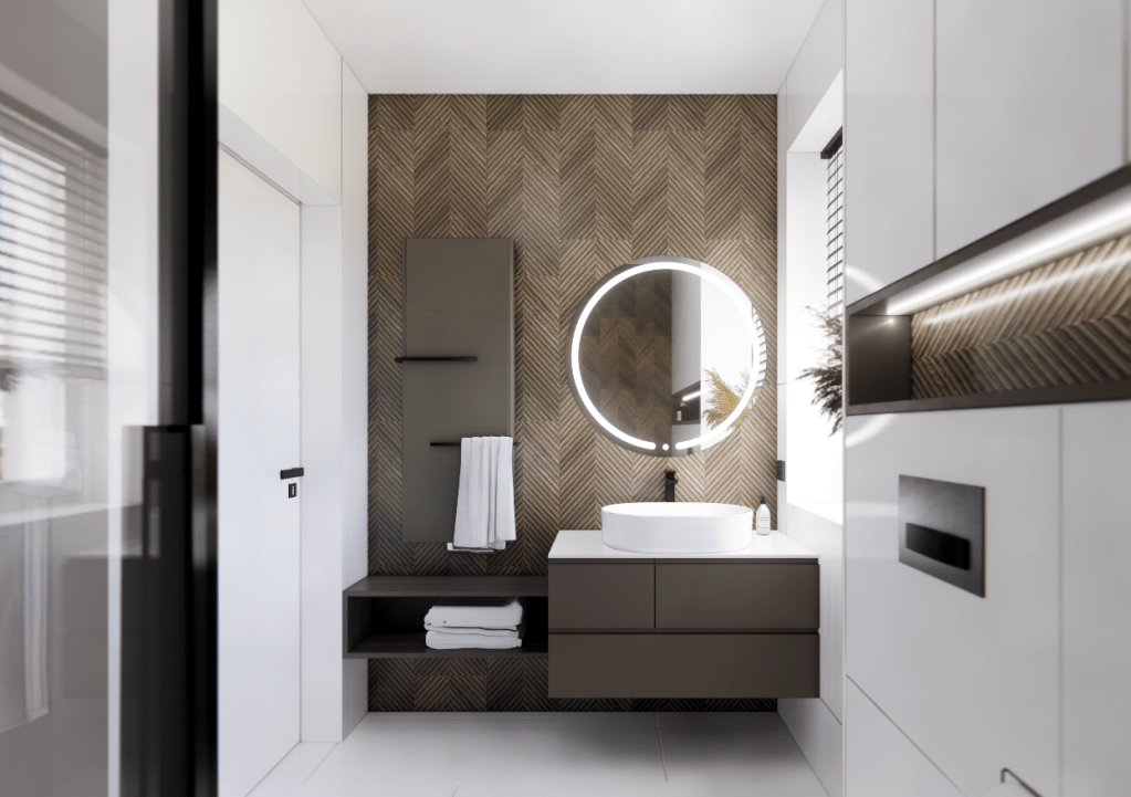 Elegancka łazienka z motywem&nbsp;drewna