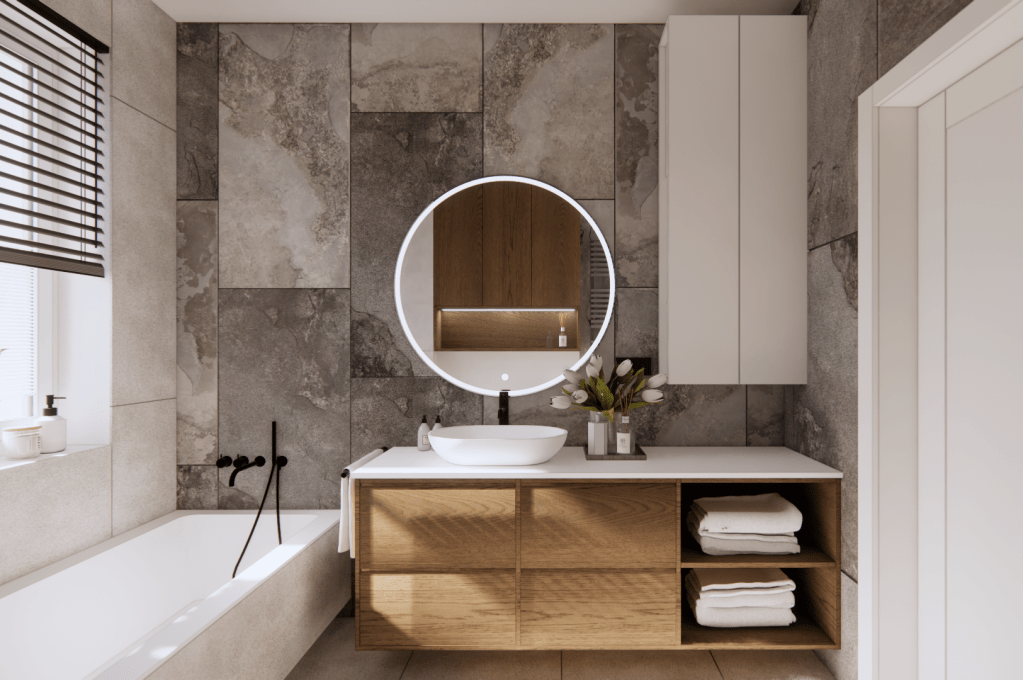 Łazienka z wyrazistą bazą ocieplona&nbsp;drewnem